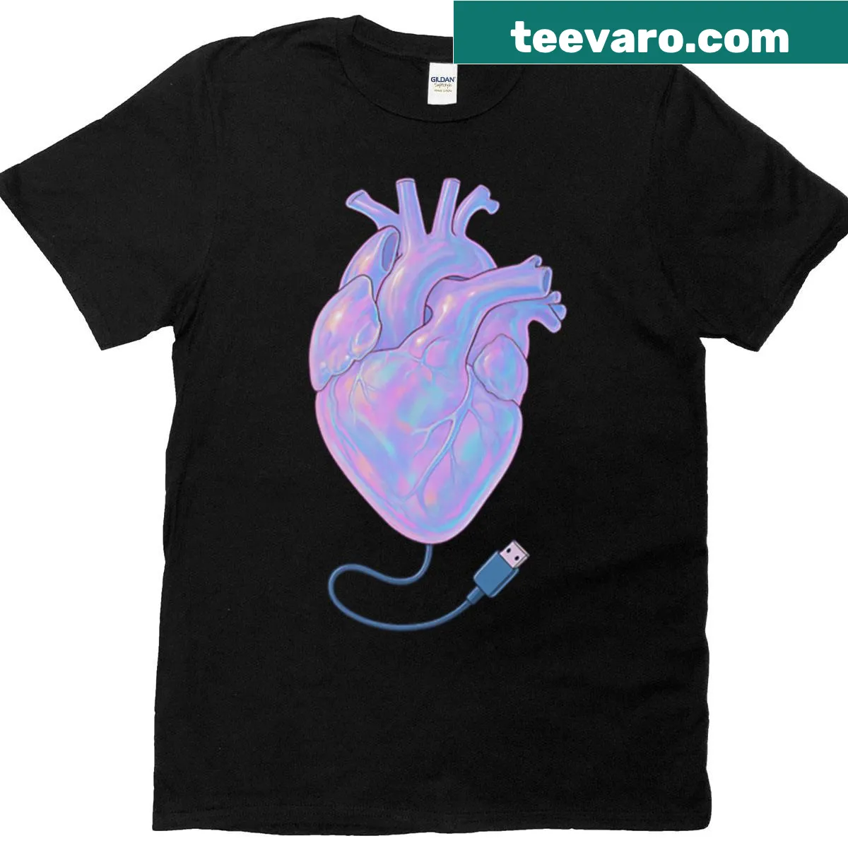 T-shirt featuring a USB heart graphic, blending tech and affection. — on a men's t-shirt