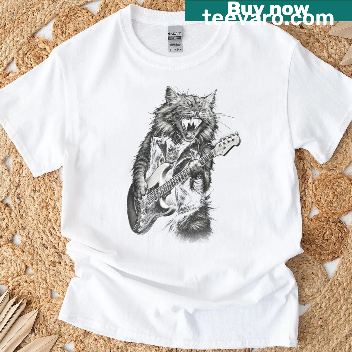 Funny vintage t-shirt with a cat playing guitar — on a men's t-shirt