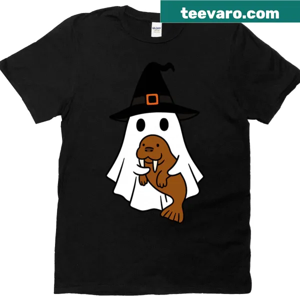 Oversized T-shirt with a cute walrus ghost in a witch hat for kids.
