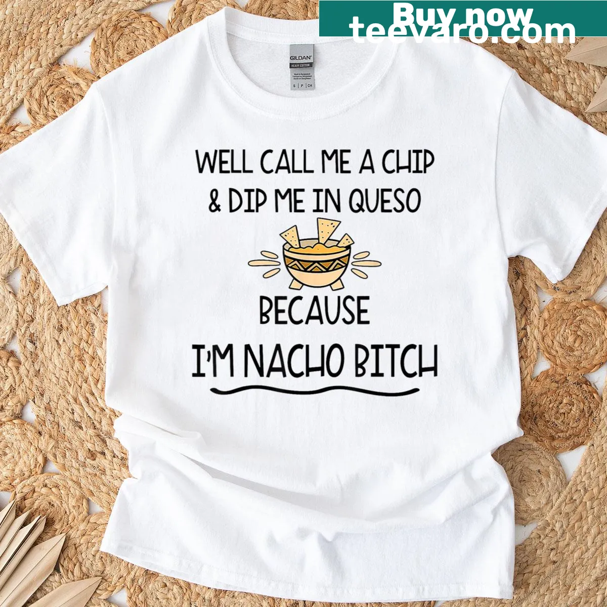 Funny food pun t-shirt: 'Call Me A Chip Dip Me In Queso' — on a men's t-shirt