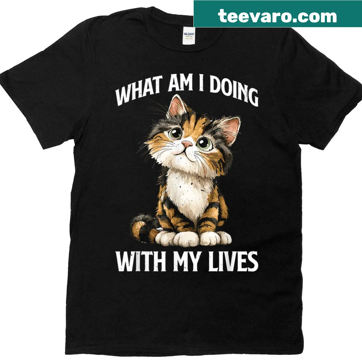 Sarcastic cat pun t-shirt with humorous text about lives — on a men's t-shirt