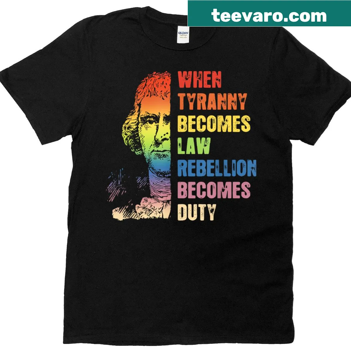 Bold typography T-shirt with a message about tyranny and rebellion — on a men's t-shirt