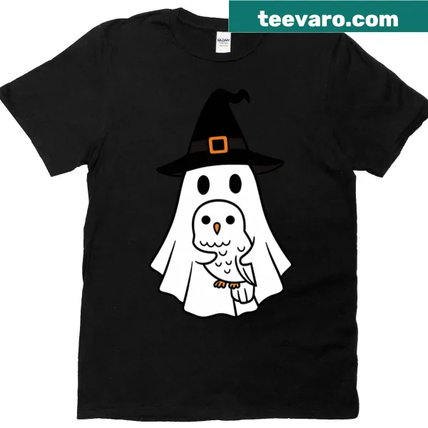 Cute white owl wearing a witch hat on a Halloween t-shirt