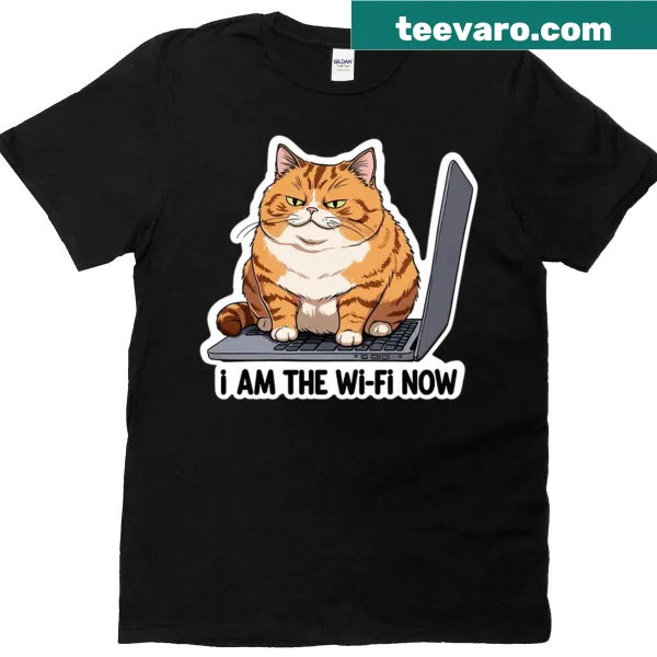 T-shirt with a humorous cat and Wi-Fi graphic.