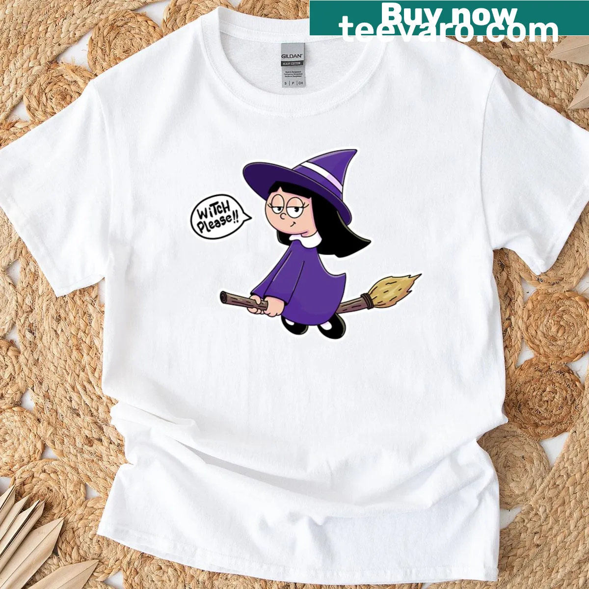 Whimsical T-shirt with the phrase 'Witch Please' in a fun font — on a men's t-shirt