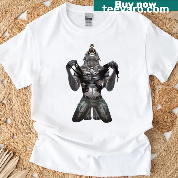 Illustrative t-shirt featuring a wolf and meme-inspired werewolf imagery