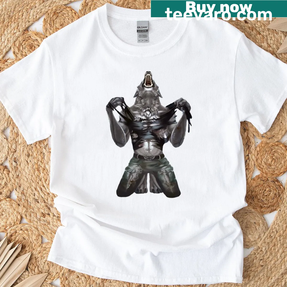 Illustrative t-shirt featuring a wolf and meme-inspired werewolf imagery — on a men's t-shirt