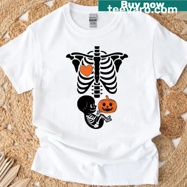 Funny Halloween maternity t-shirt with skeleton baby in pumpkin design