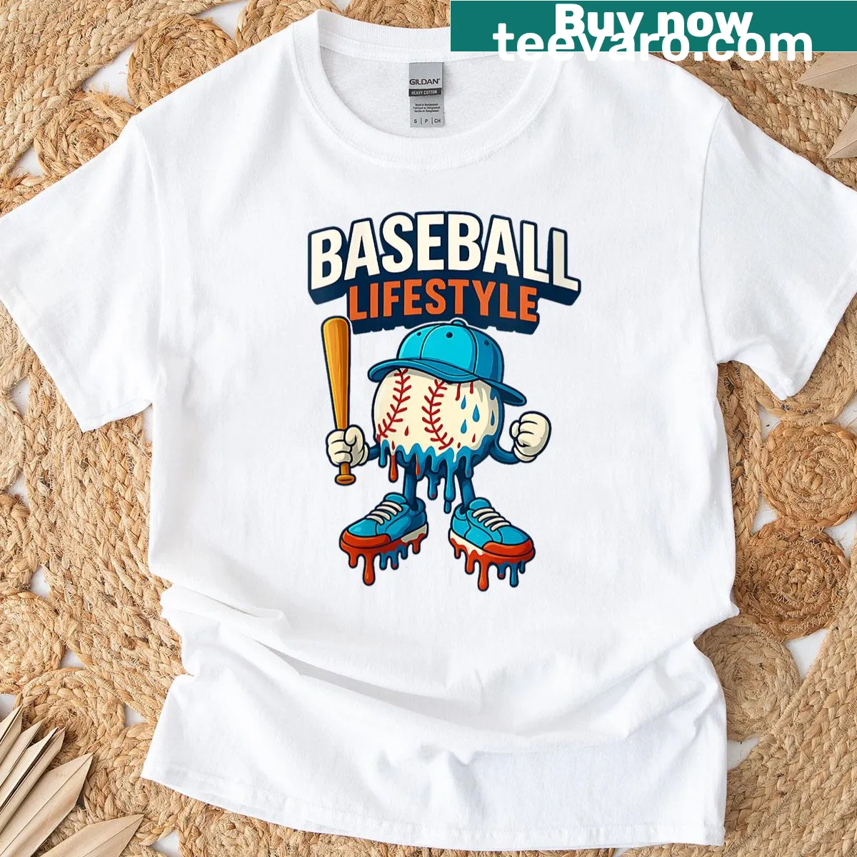 Playful t-shirt featuring a baseball home plate with an ice cream cone dripping. — on a men's t-shirt