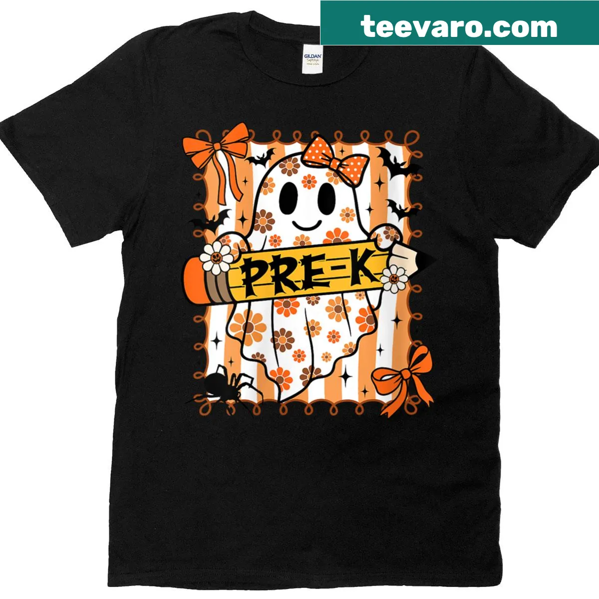 Cute boho ghost illustration on a Halloween-themed teacher t-shirt — on a men's t-shirt