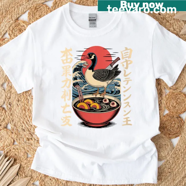 Artistic t-shirt showcasing a goose enjoying ramen in a Japanese art style