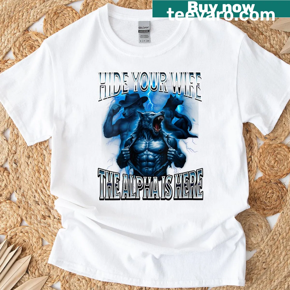 Cartoon wolf with text Hide Your Wife on a funny women's t-shirt — on a men's t-shirt
