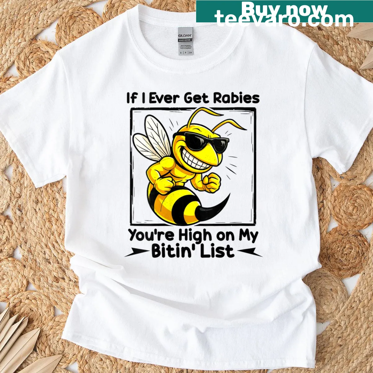 Funny bee-themed T-shirt with biting list phrase — on a men's t-shirt