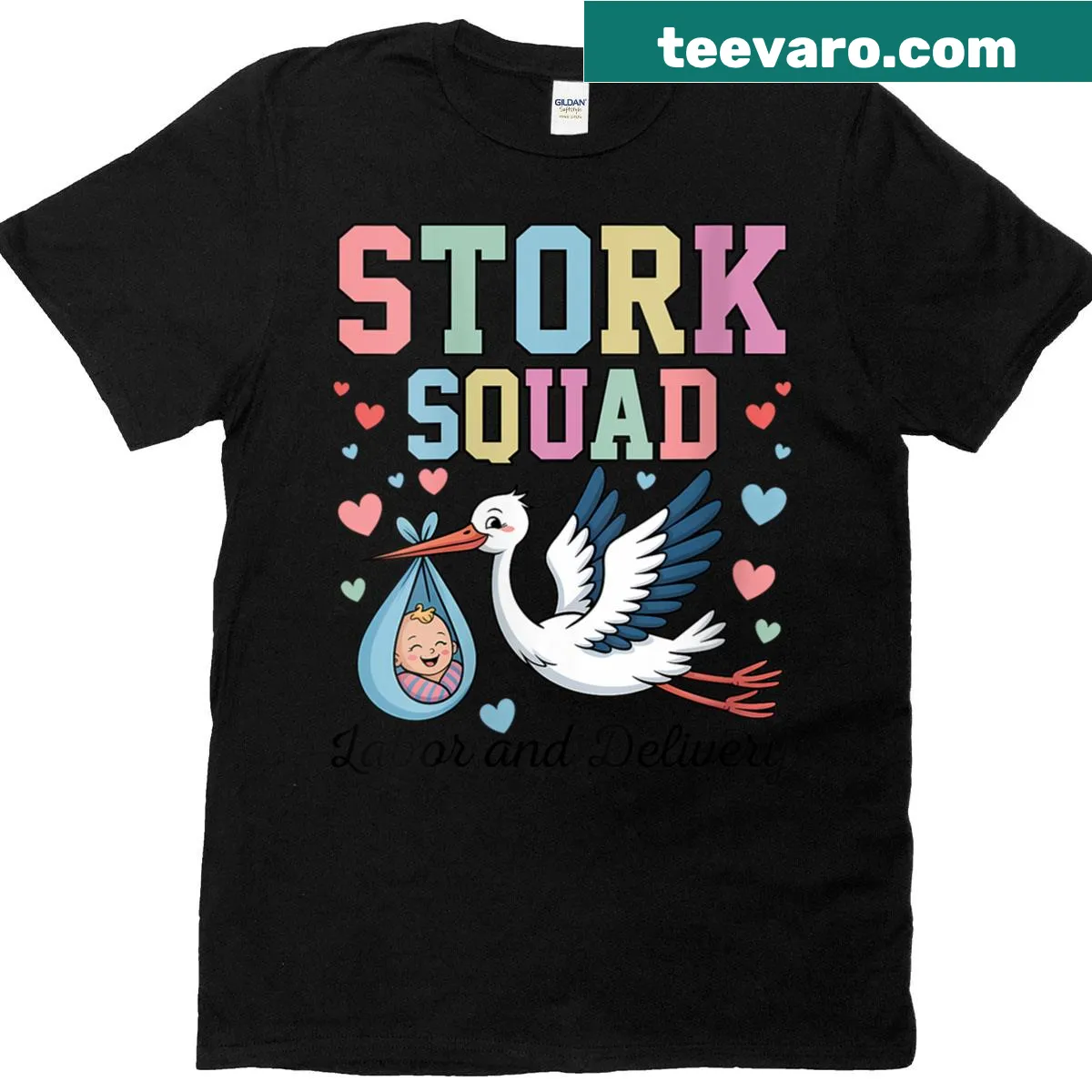 Stork graphic on t-shirt for labor and delivery nurses — on a men's t-shirt