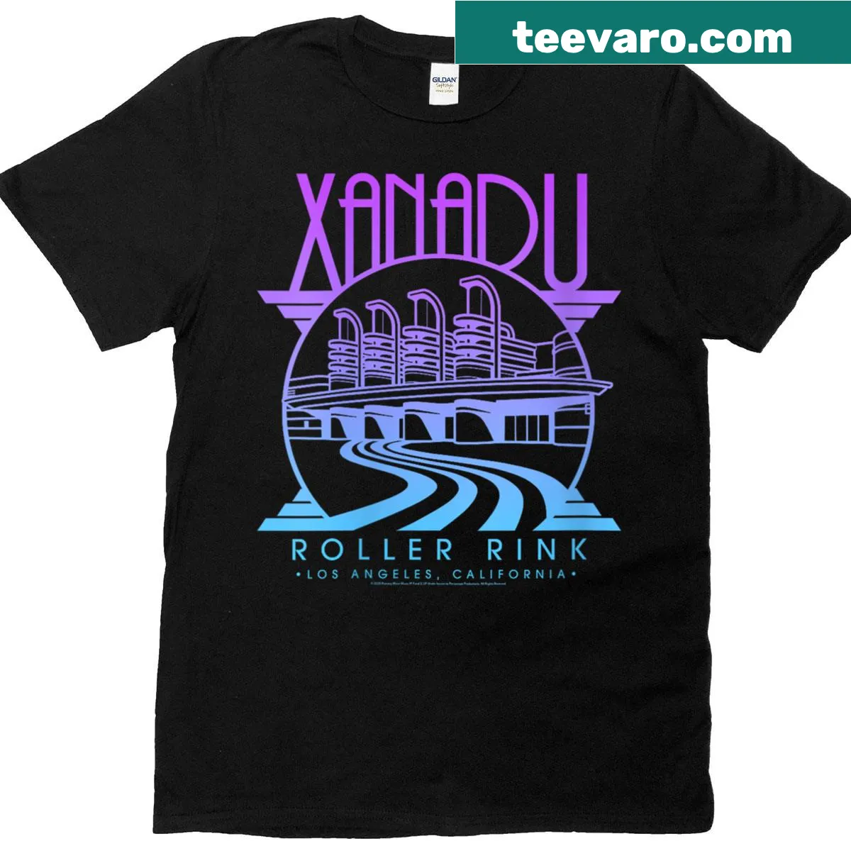 Vintage-style t-shirt featuring Olivia Newton-john Xanadu logo — on a men's t-shirt