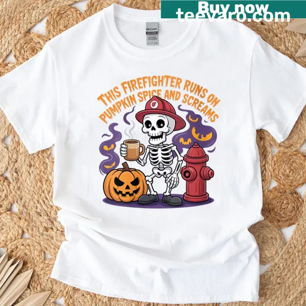 Cute Halloween T-shirt with skeleton firefighter and pumpkin graphic