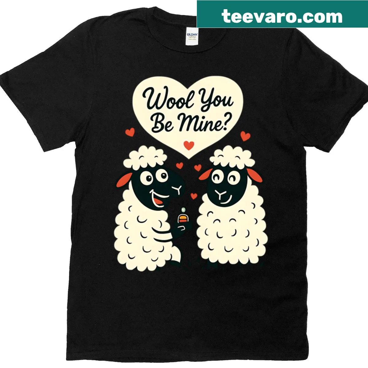 Cute sheep pun illustration with text Wool You Be Mine? — on a men's t-shirt