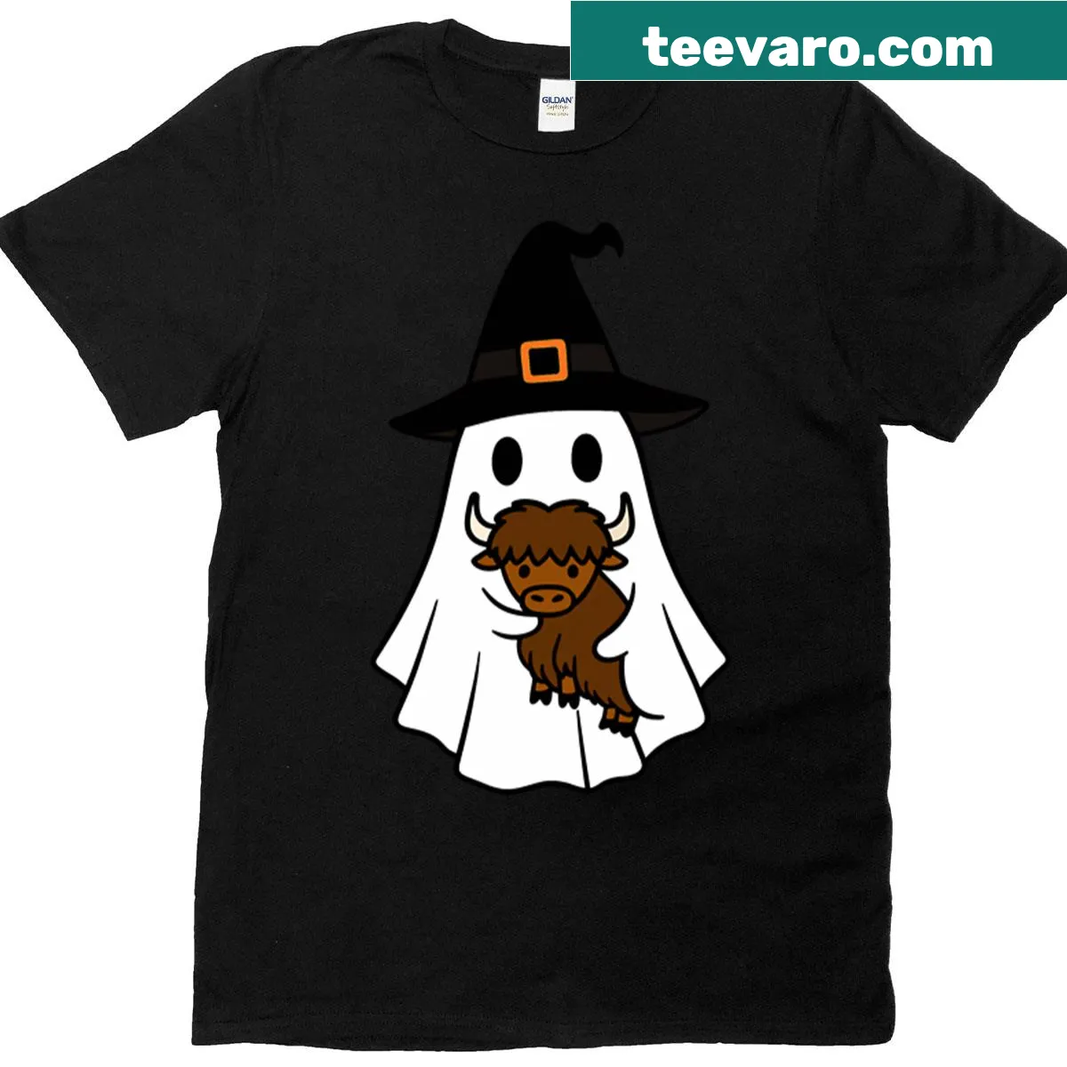 Cartoon yak with ghost and witch hat design for Halloween — on a men's t-shirt