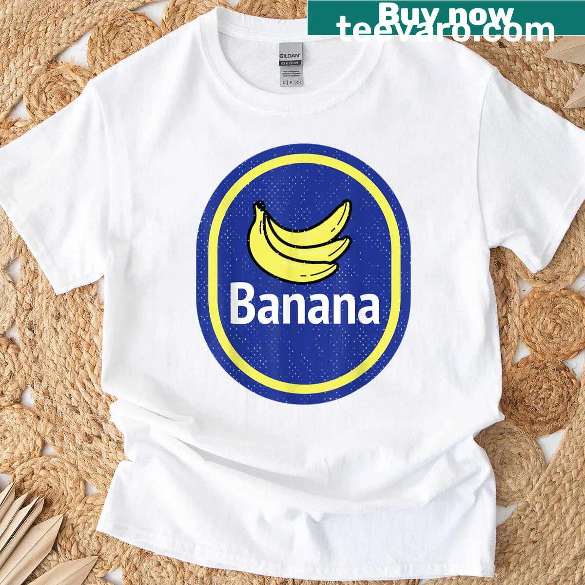 Cartoon banana sticker Halloween costume T-shirt for kids and adults — on a men's t-shirt