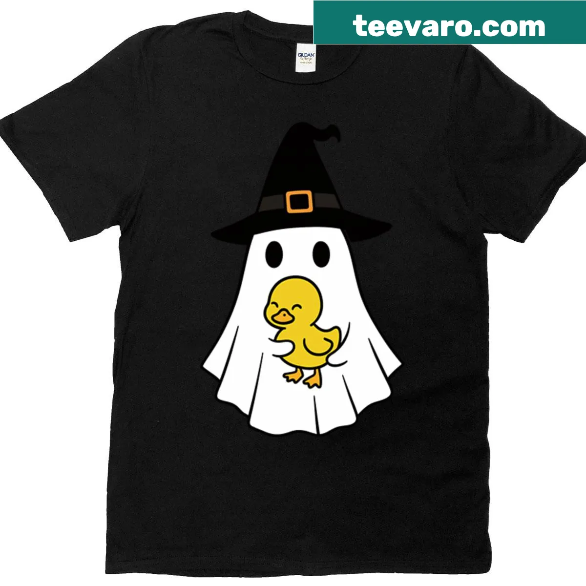 Cute Halloween T-shirt featuring a yellow duck ghost with a witch hat — on a men's t-shirt