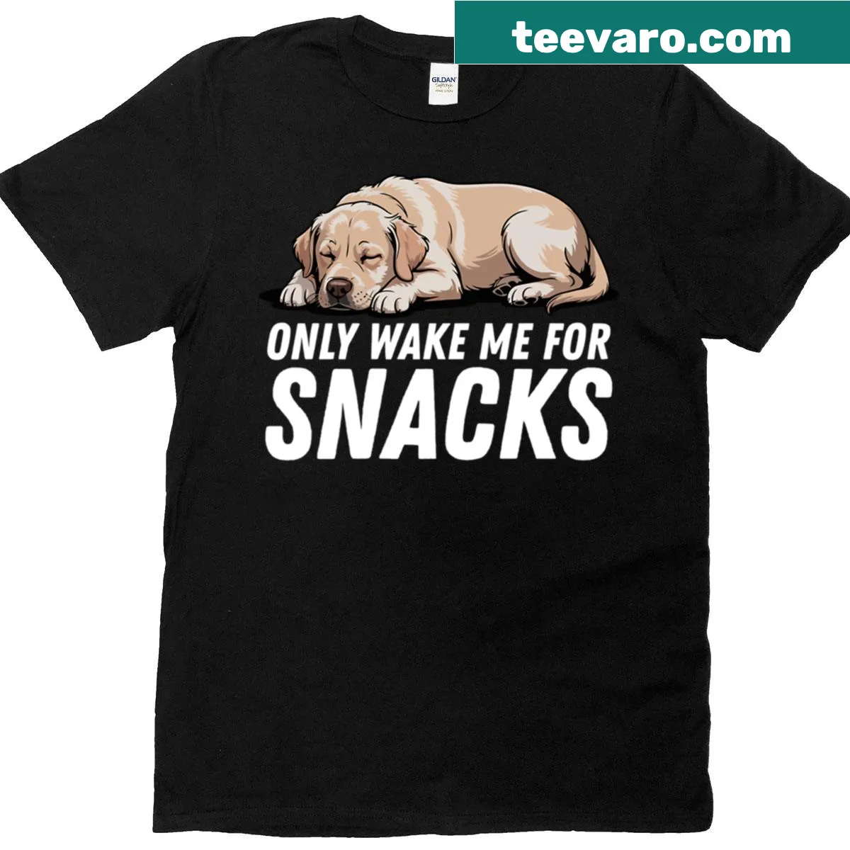 Illustrated T-shirt featuring a golden labrador and snack theme — on a men's t-shirt