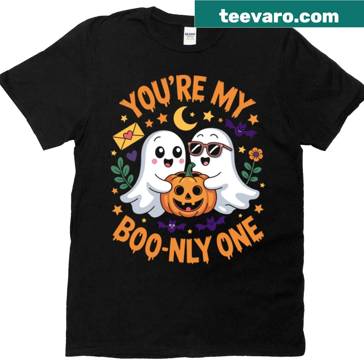 Cute Halloween t-shirt with cartoon ghosts and 'You’re My Boo-nly One' text — on a men's t-shirt