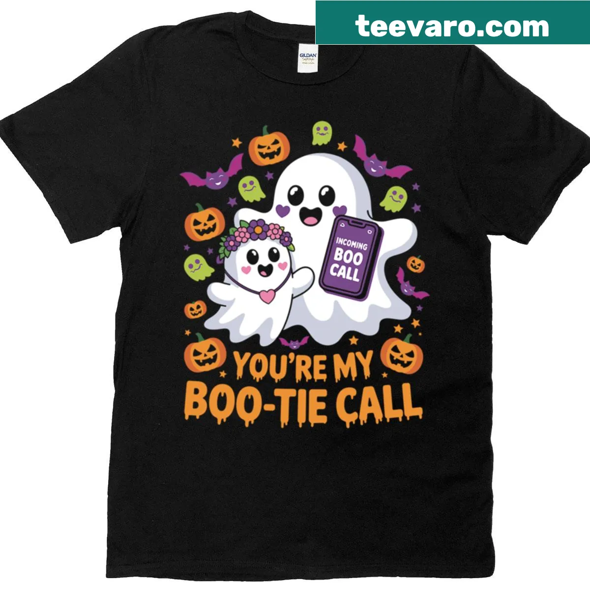 Cute Halloween t-shirt with playful ghosts and 'You’re My Boo-tie Call' text — on a men's t-shirt