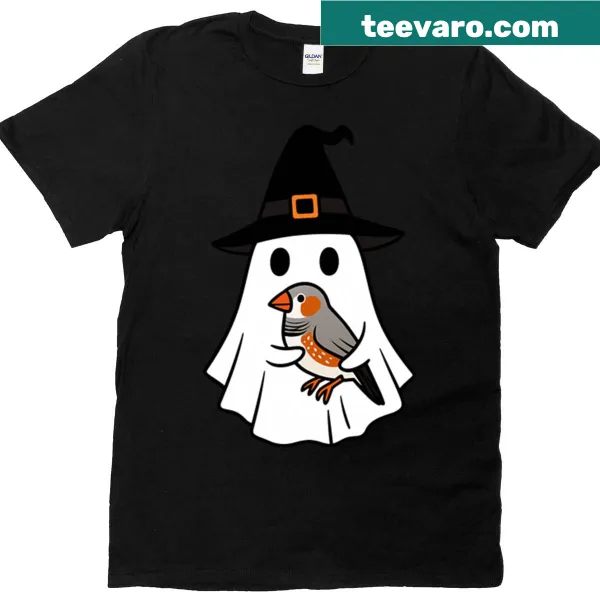 Zebra Finch wearing a ghost witch hat for Halloween on a kids T-shirt