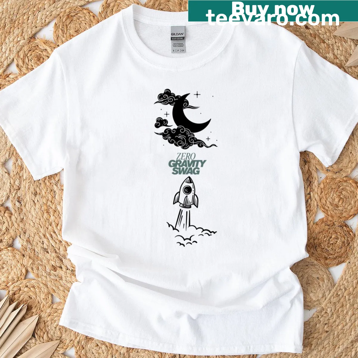 Funny Zero Gravity Swag T-shirt with rocket graphic — on a men's t-shirt
