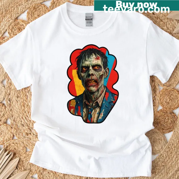 Eerie zombie horror themed t-shirt with chilling typography design.