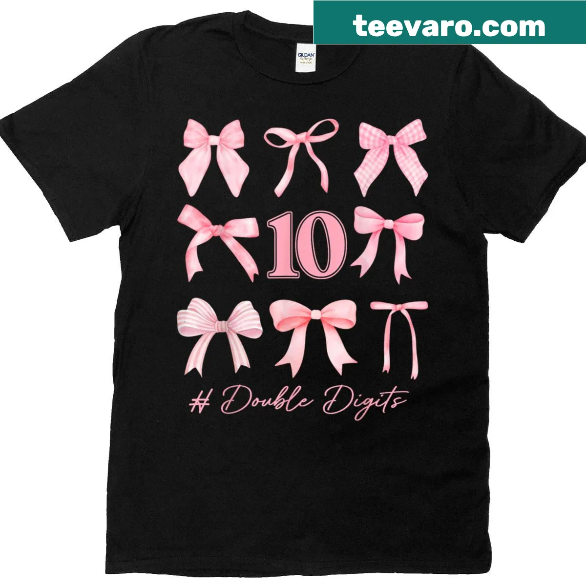 T-shirt with 'Double Digits' text and a coquette bow — on a men's t-shirt