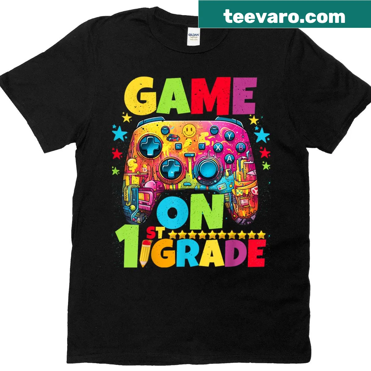 Video gamer themed t-shirt celebrating 1st grade level — on a men's t-shirt