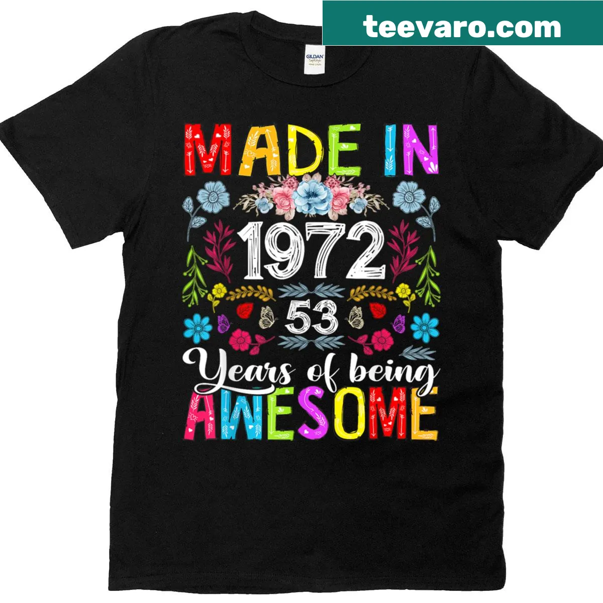 Vintage floral t-shirt celebrating 53 years old made in 1972 — on a men's t-shirt