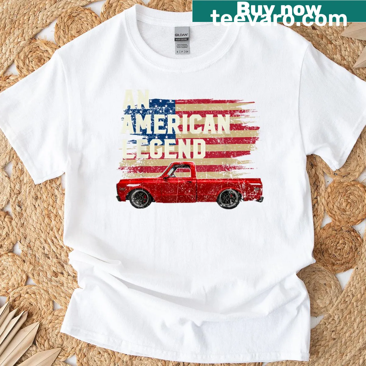 C10 Truck T-shirt with American flag illustration — on a men's t-shirt