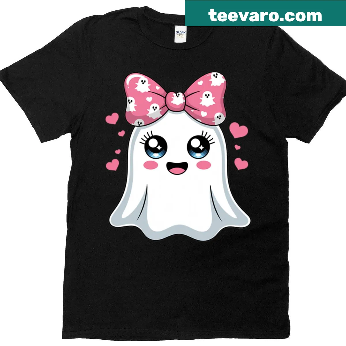 Cute ghost t-shirt with a pink bow graphic — on a men's t-shirt