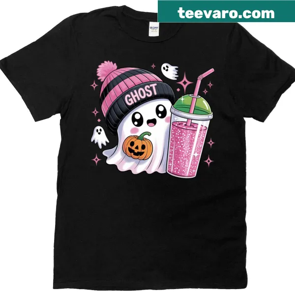 Ghost with Slurpee and pumpkin graphic on t-shirt