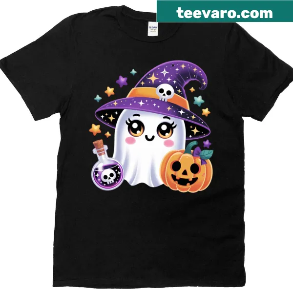 Oversized shirt featuring a ghost with a witch hat and potion