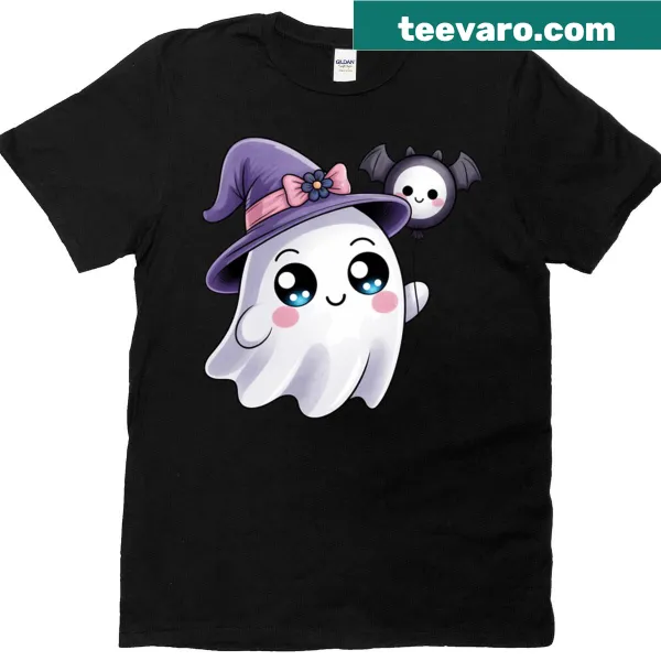 Cute T-shirt with a ghost in a witch hat holding a bat balloon