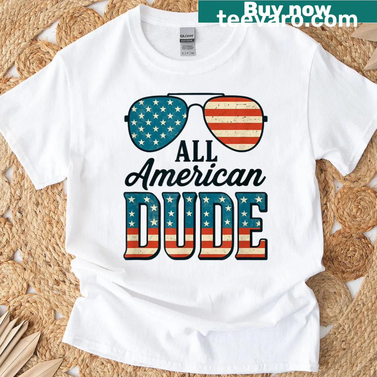 Retro patriotic t-shirt featuring sunglasses with a USA flag graphic. — on a men's t-shirt