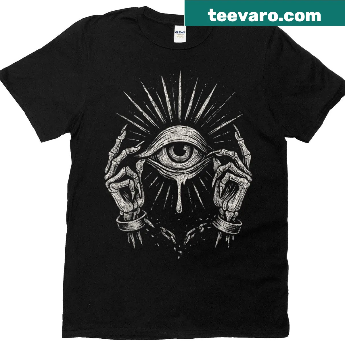 Grunge All Seeing Eye symbol design for alternative fashion — on a men's t-shirt