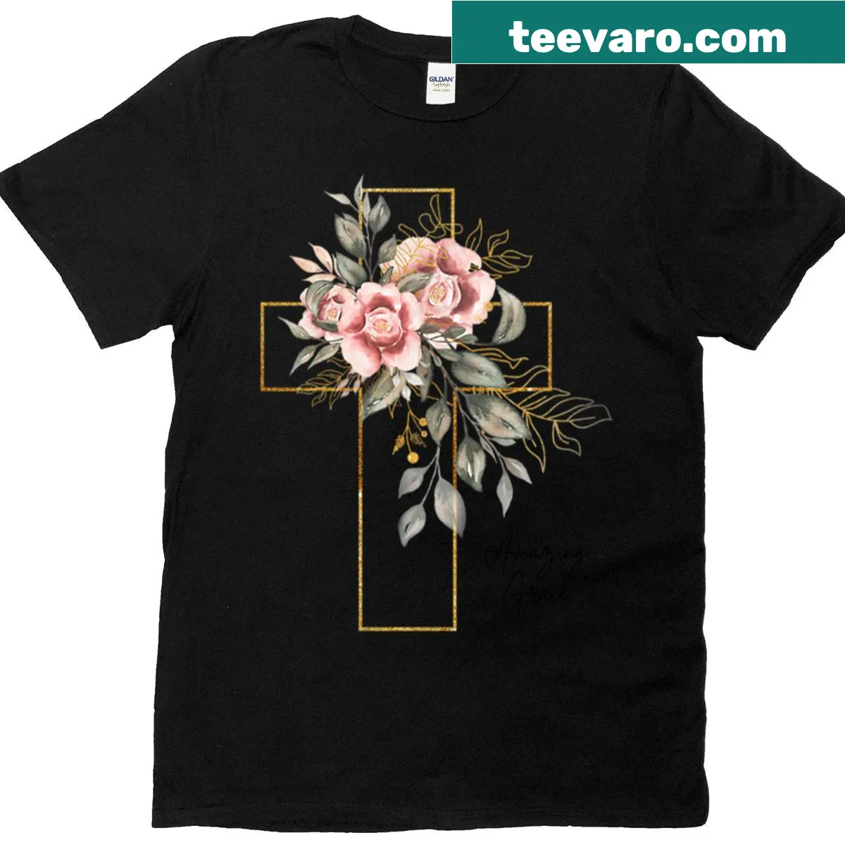 Floral cross design on Amazing Grace T-shirt — on a men's t-shirt