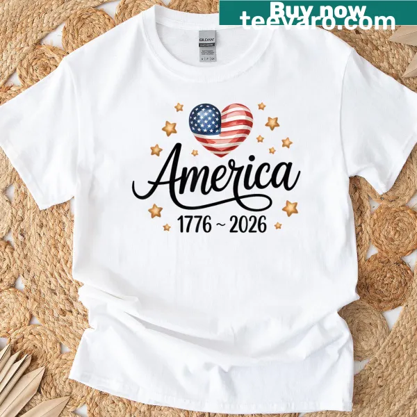 T-shirt with heart-shaped American flag graphic for USA's 250th birthday