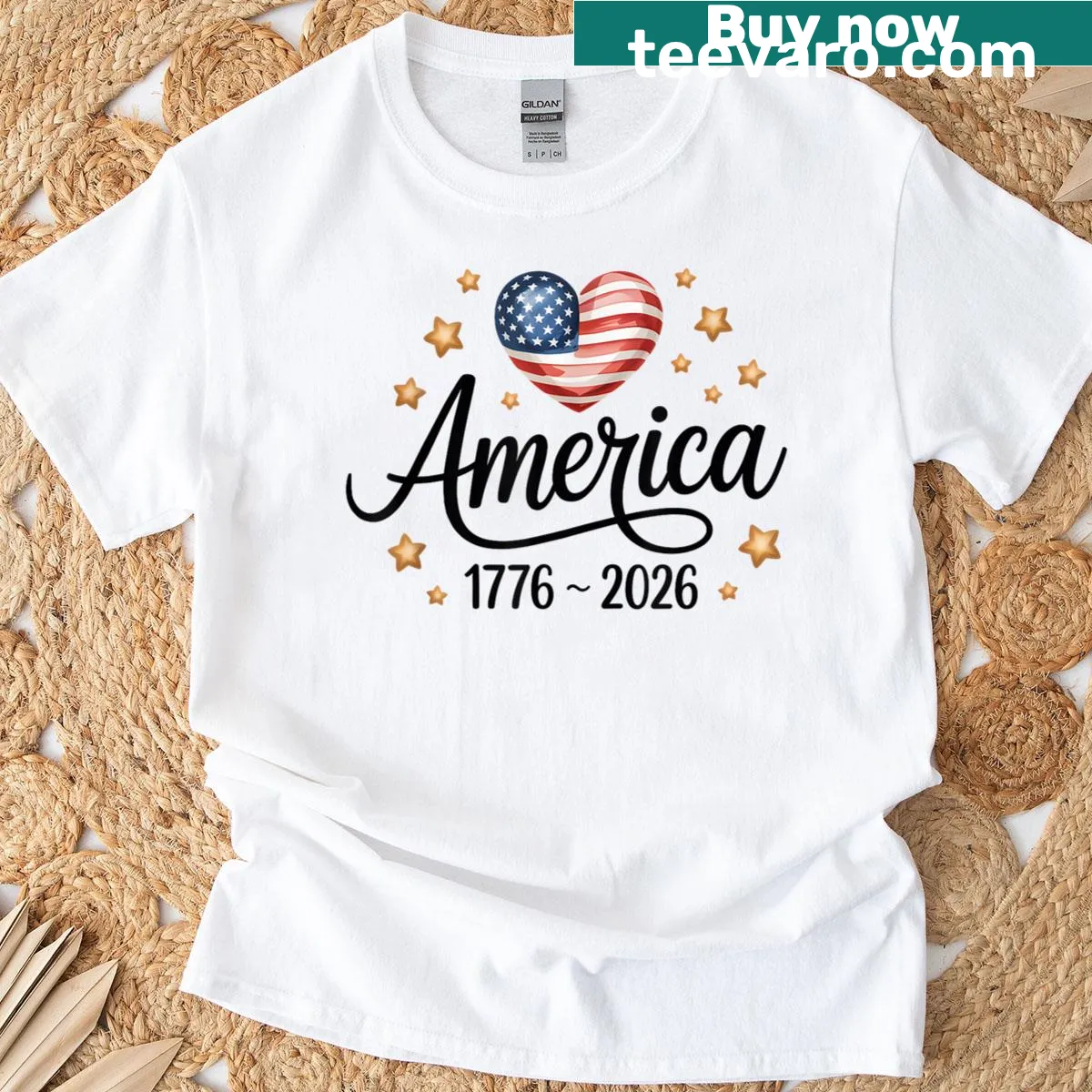 T-shirt with heart-shaped American flag graphic for USA's 250th birthday — on a men's t-shirt
