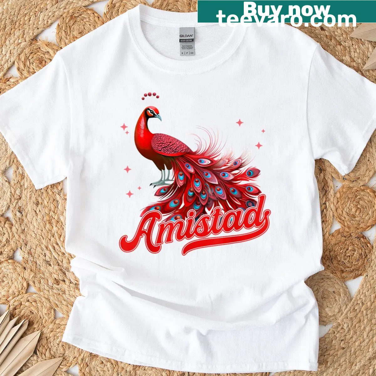 Peacock graphic on the Amistad House Of Friendship t-shirt — on a men's t-shirt