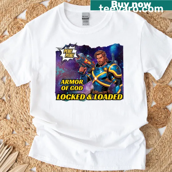 Inspirational shirt featuring 'Armor of God' text and strong imagery.