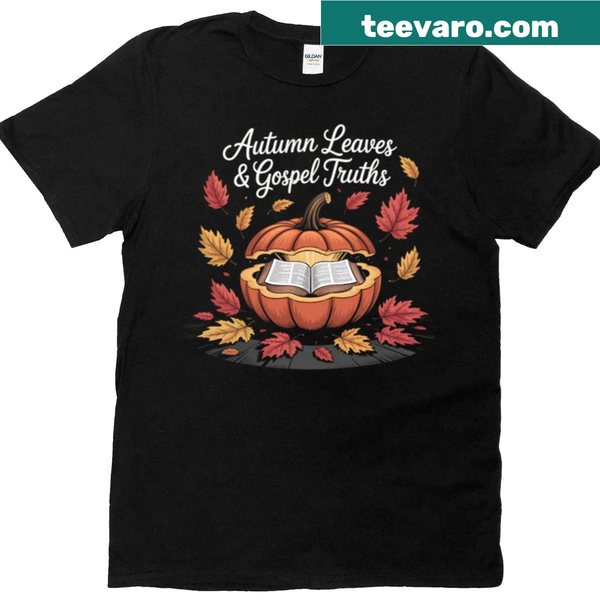 T-shirt featuring autumn leaves and gospel truths in typography — on a men's t-shirt