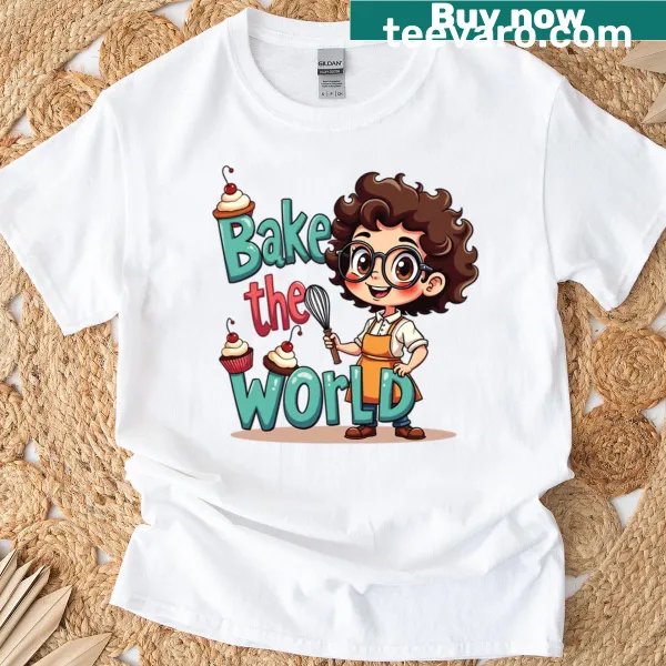 T-shirt featuring the phrase 'Bake The World A Better Place' with fun baking illustrations.
