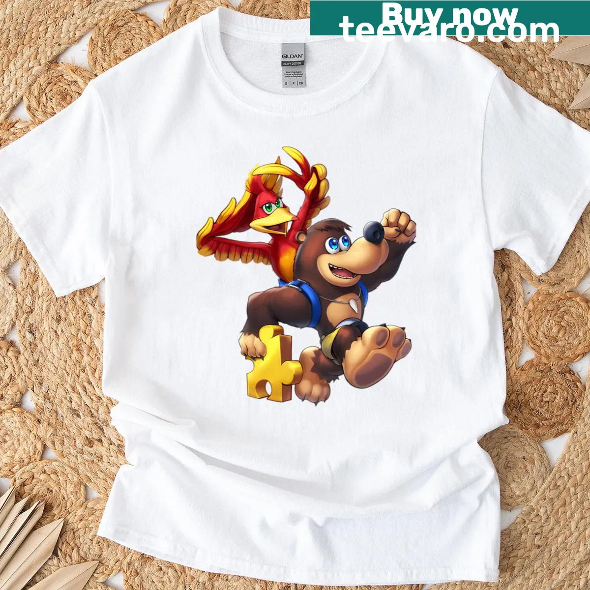 Banjo Kazooie themed t-shirt with playful illustration — on a men's t-shirt