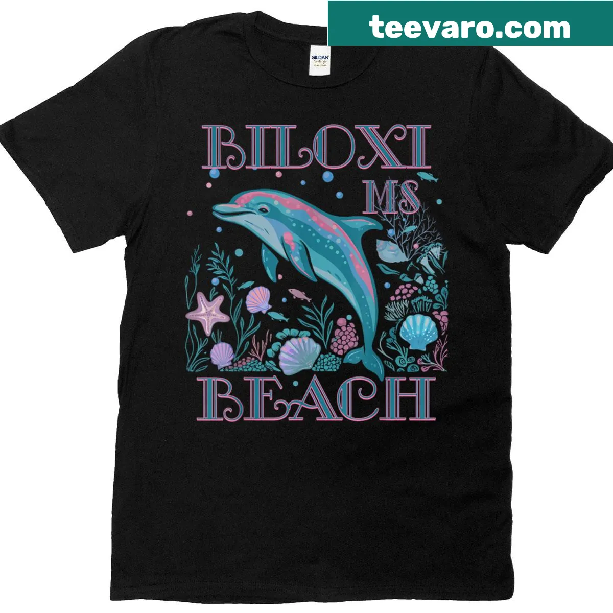 Dolphin graphic souvenir T-shirt from Biloxi Beach — on a men's t-shirt