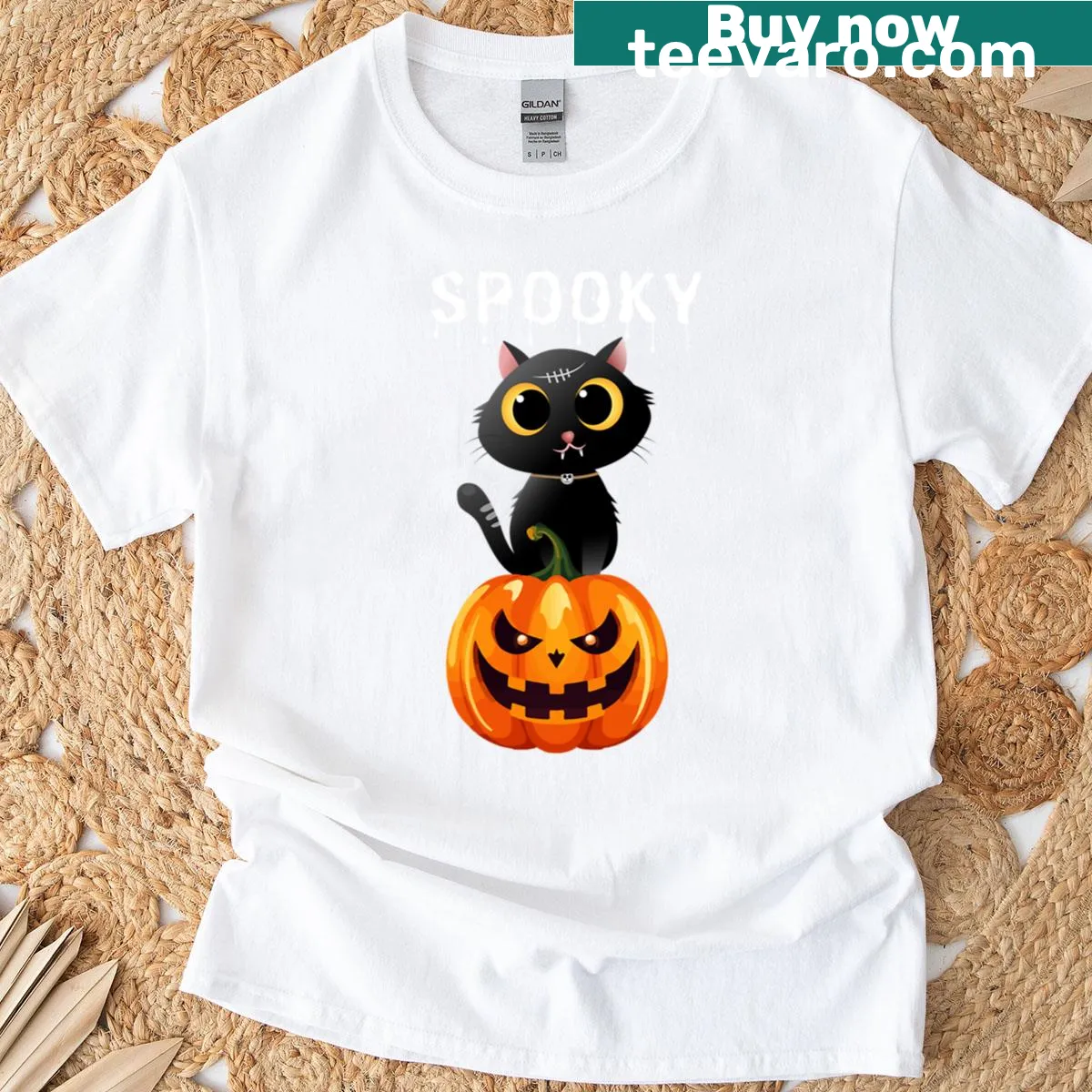 Black cat on a pumpkin design for Halloween T-shirt — on a men's t-shirt